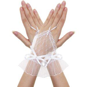 Women's Finger Loop White Rhinestone Bow Lace Mesh Net Gloves Halloween Costume